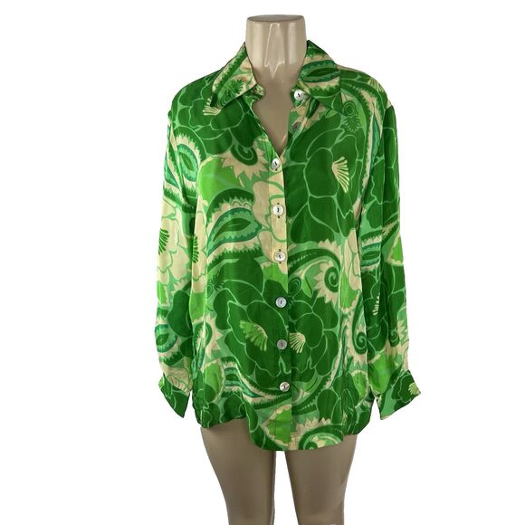 Farm Rio Tropical Groove Shirt Size M Green Floral Print Long Sleeve Button Down - Picture 5 of 15